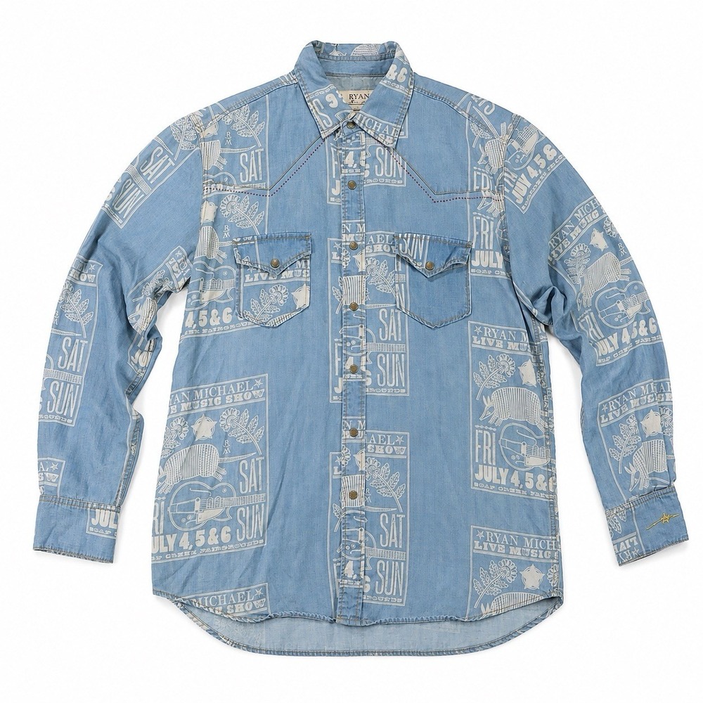 Ryan Michael Western Shirt L Tencel Blue Rodeo Cowboy Snap Button Down Vintage